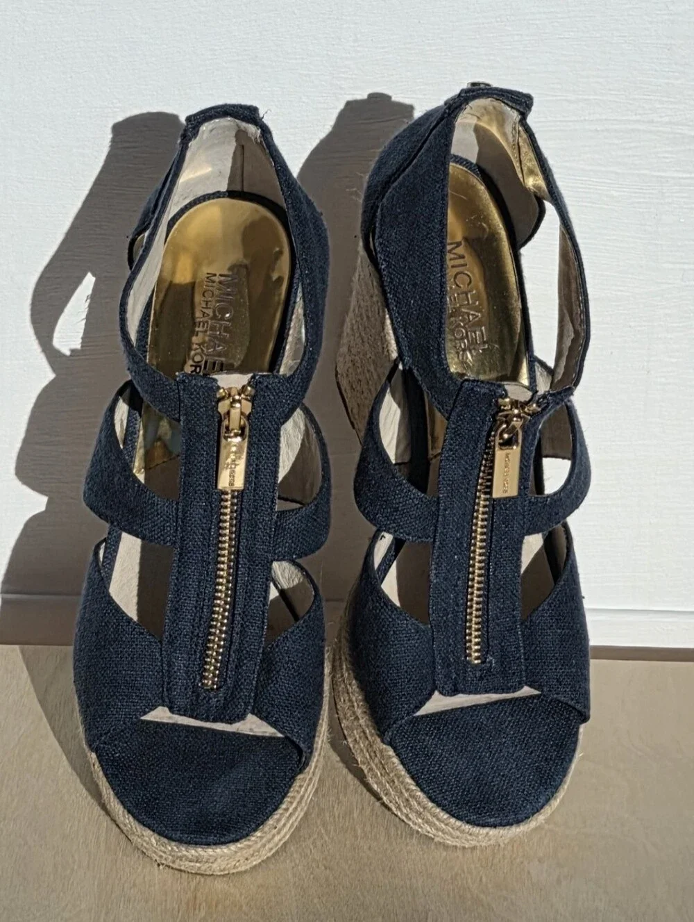 Michael Kors Size 7.5 Navy Fabric Espadrille Wedge Sandals